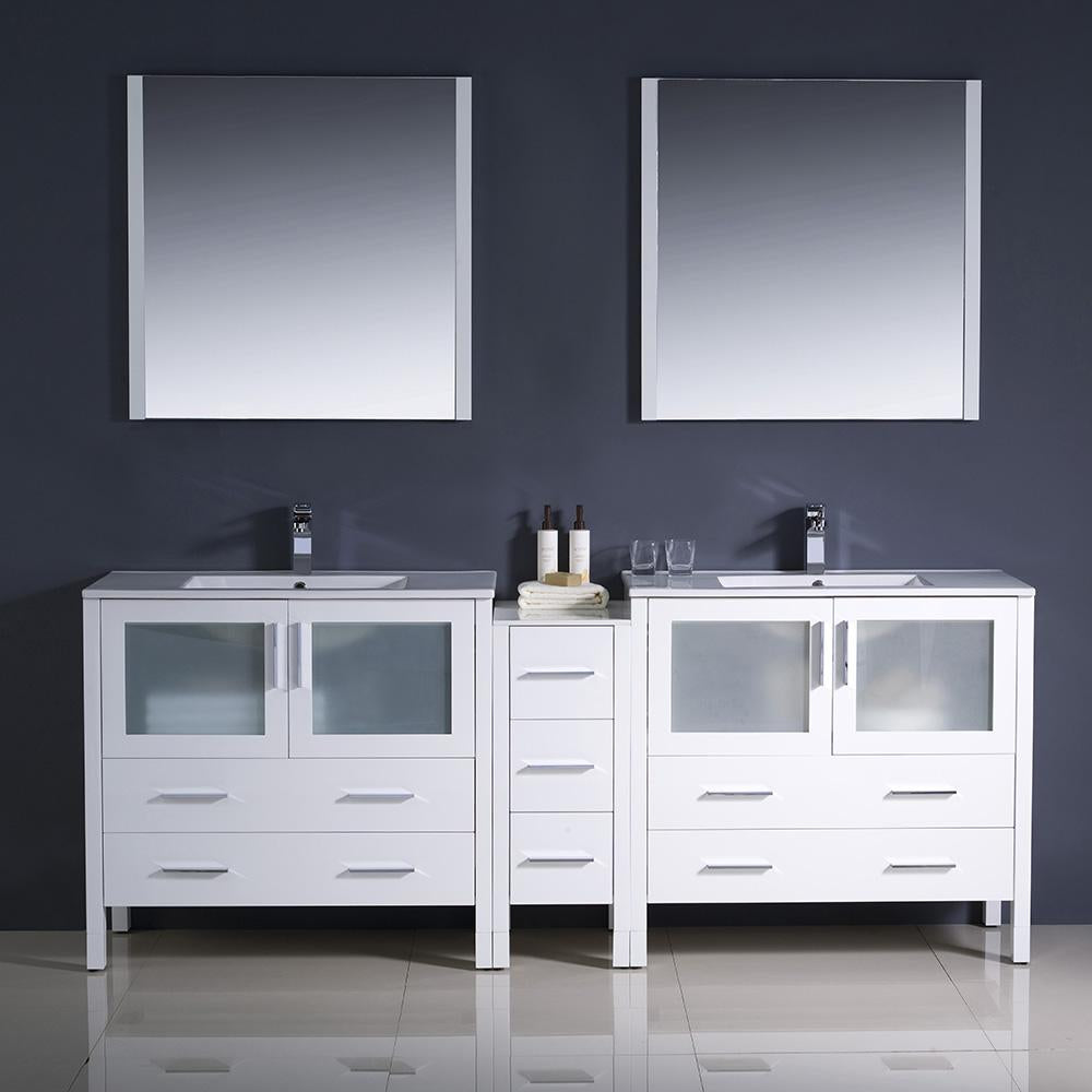Fresca Torino 84" White Modern Double Sink Bathroom Vanity w/ Side Cabinet & Integrated Sinks