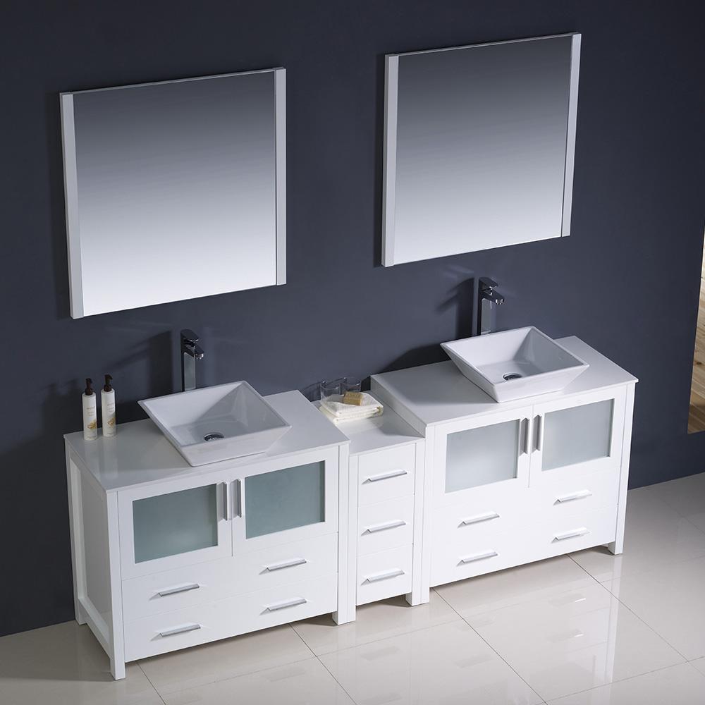 Fresca Torino 84" White Modern Double Sink Bathroom Vanity w/ Side Cabinet & Vessel Sinks