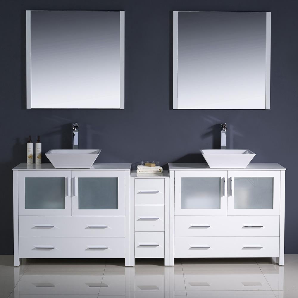 Fresca Torino 84" White Modern Double Sink Bathroom Vanity w/ Side Cabinet & Vessel Sinks