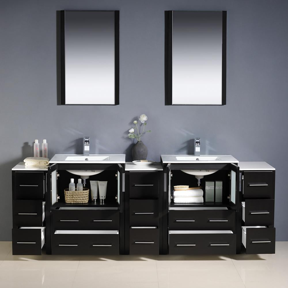 Fresca Torino 84" Espresso Modern Double Sink Bathroom Vanity w/ 3 Side Cabinets & Integrated Sinks
