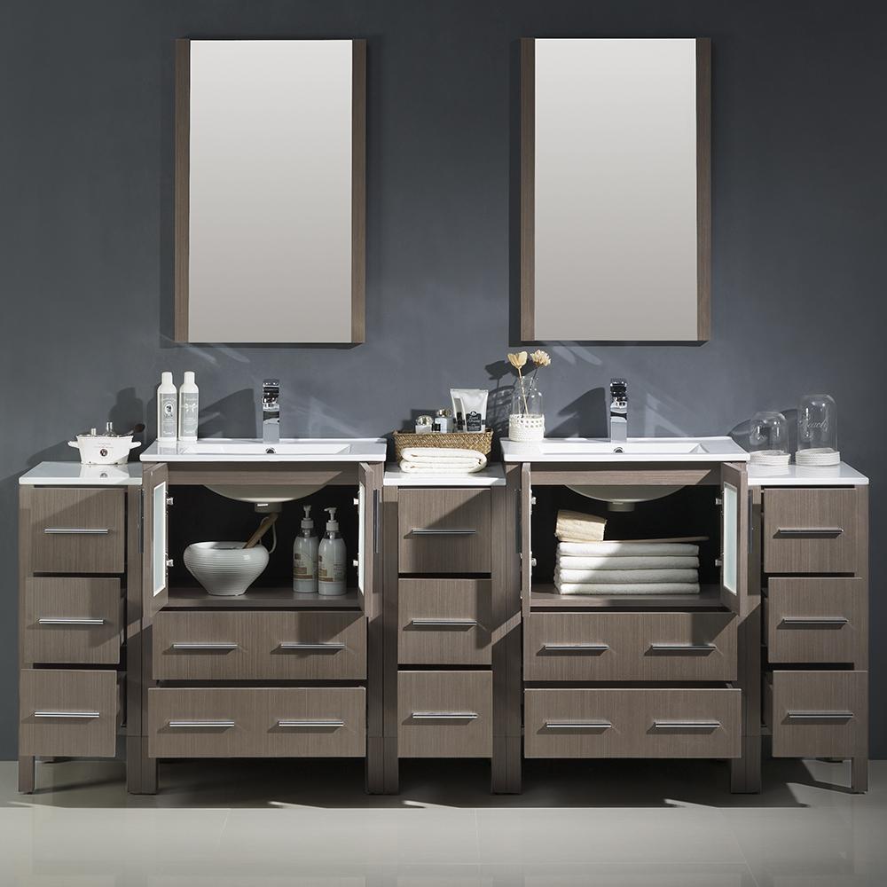 Fresca Torino 84" Gray Oak Modern Double Sink Bathroom Vanity w/ 3 Side Cabinets & Integrated Sinks