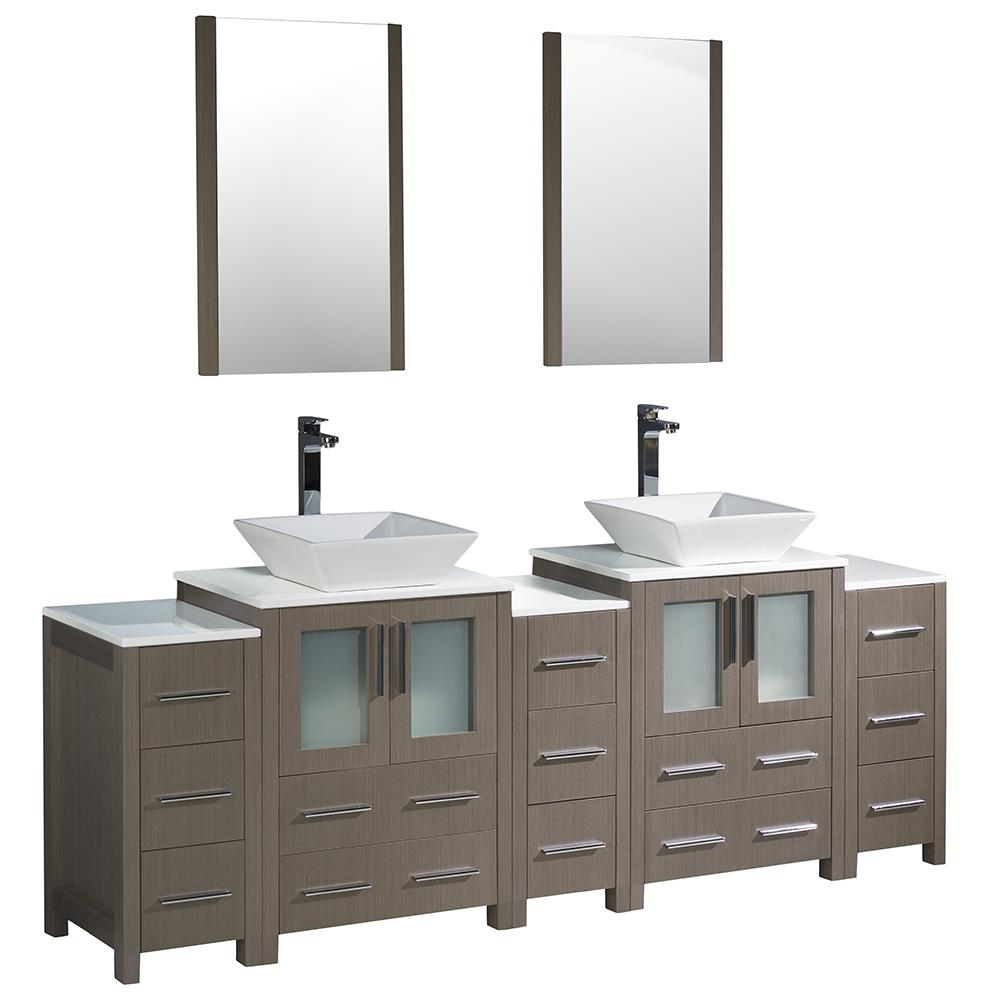 Fresca Torino 84" Gray Oak Modern Double Sink Bathroom Vanity w/ 3 Side Cabinets & Vessel Sinks