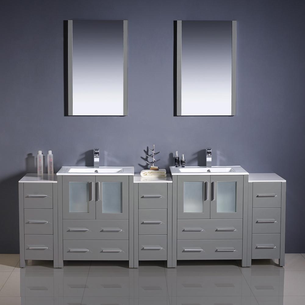Fresca Torino 84" Gray Modern Double Sink Bathroom Vanity w/ 3 Side Cabinets & Integrated Sinks