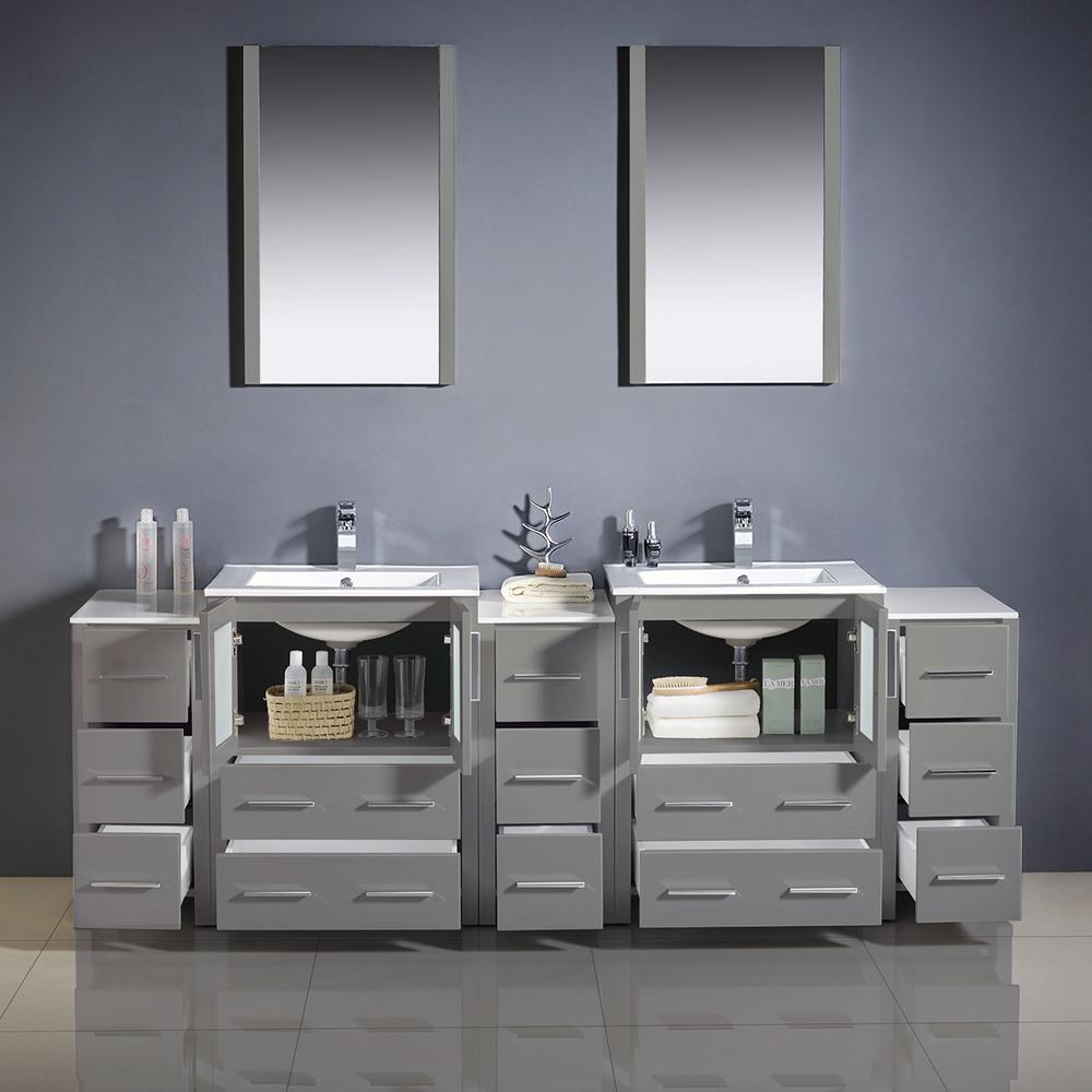 Fresca Torino 84" Gray Modern Double Sink Bathroom Vanity w/ 3 Side Cabinets & Integrated Sinks