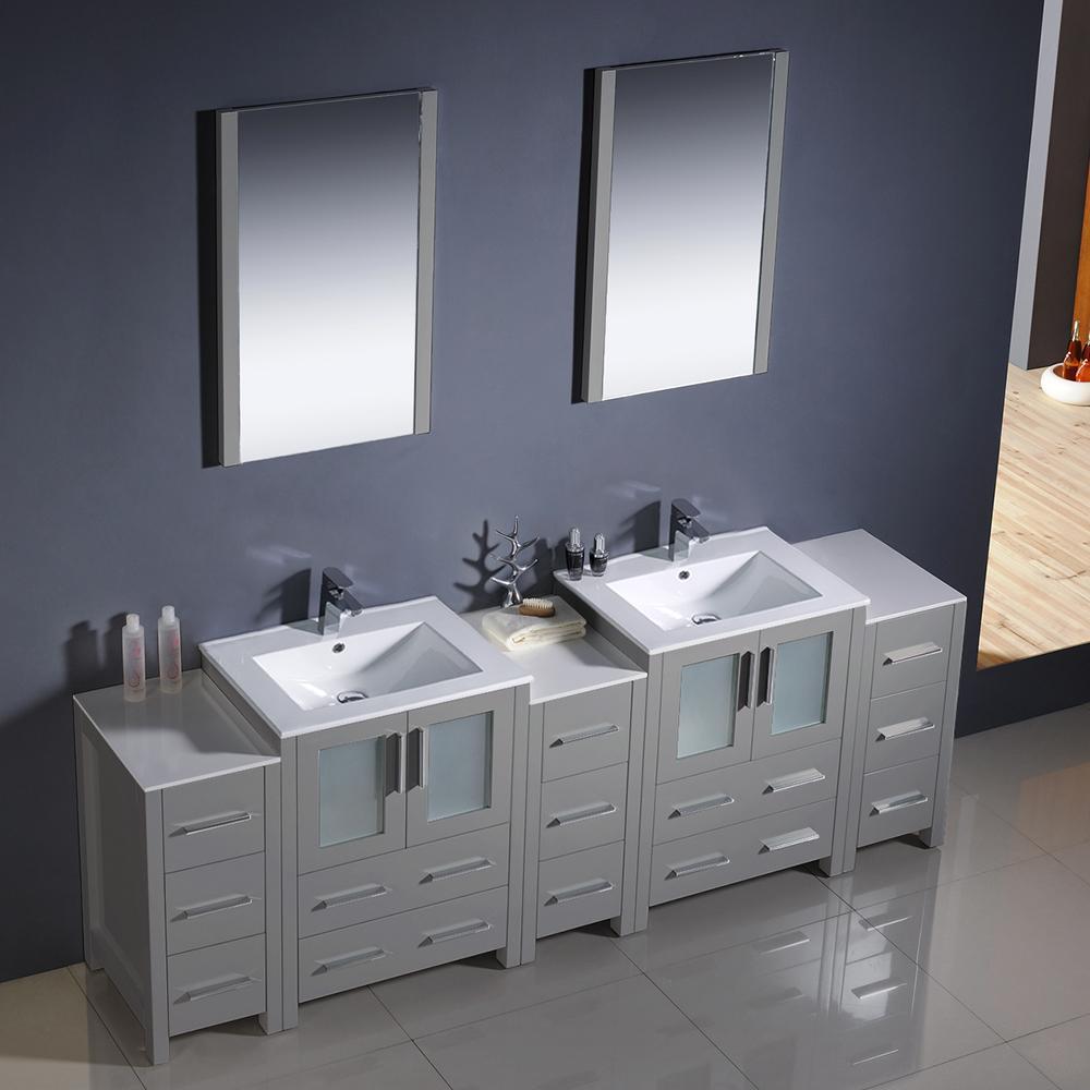 Fresca Torino 84" Gray Modern Double Sink Bathroom Vanity w/ 3 Side Cabinets & Integrated Sinks