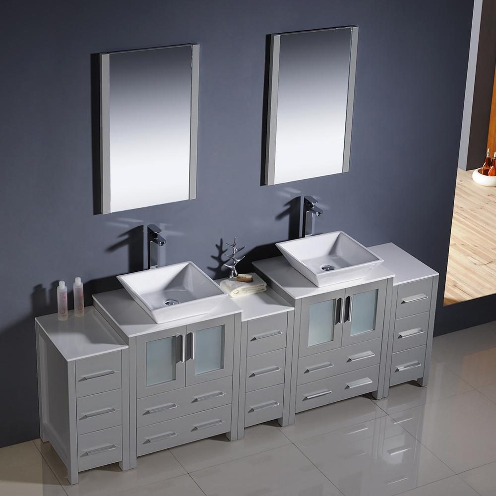 Fresca Torino 84" Gray Modern Double Sink Bathroom Vanity w/ 3 Side Cabinets & Vessel Sinks