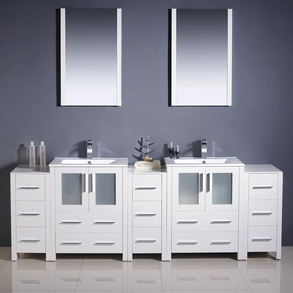 Fresca Torino 84" White Modern Double Sink Bathroom Vanity w/ 3 Side Cabinets & Integrated Sinks