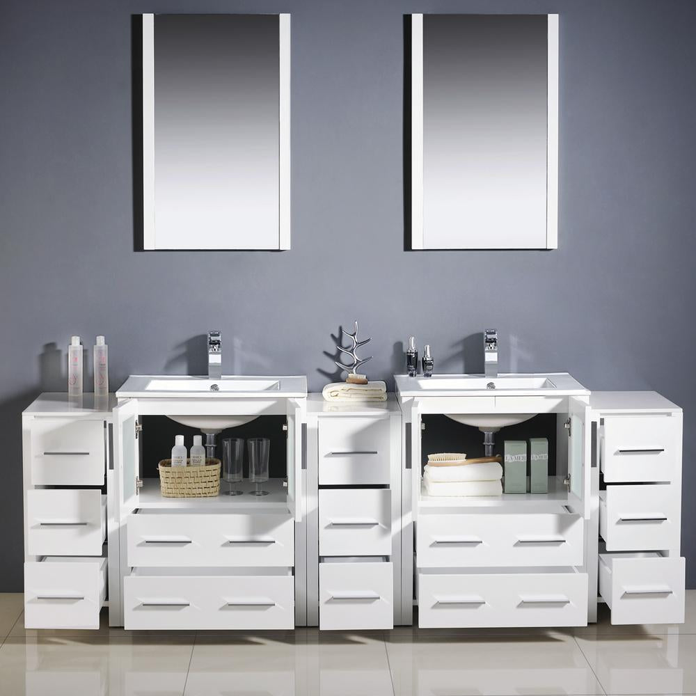 Fresca Torino 84" White Modern Double Sink Bathroom Vanity w/ 3 Side Cabinets & Integrated Sinks