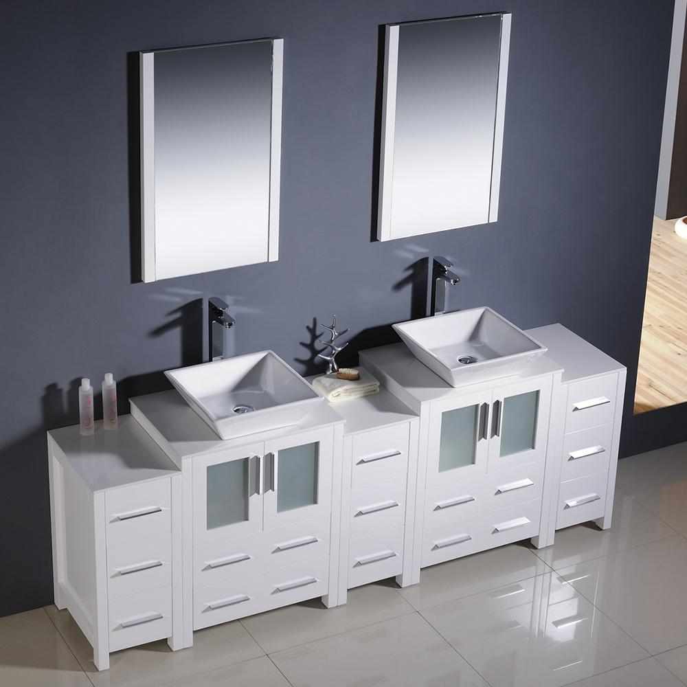 Fresca Torino 84" White Modern Double Sink Bathroom Vanity w/ 3 Side Cabinets & Vessel Sinks