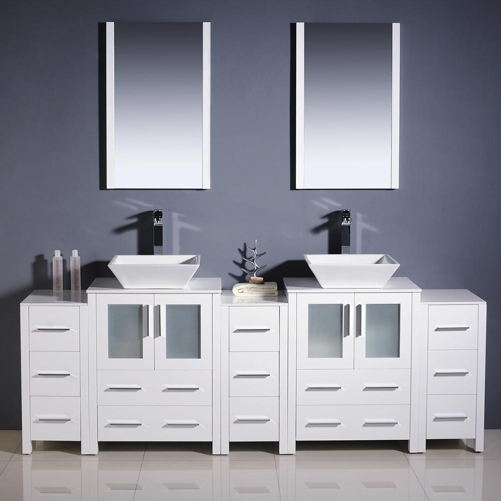 Fresca Torino 84" White Modern Double Sink Bathroom Vanity w/ 3 Side Cabinets & Vessel Sinks