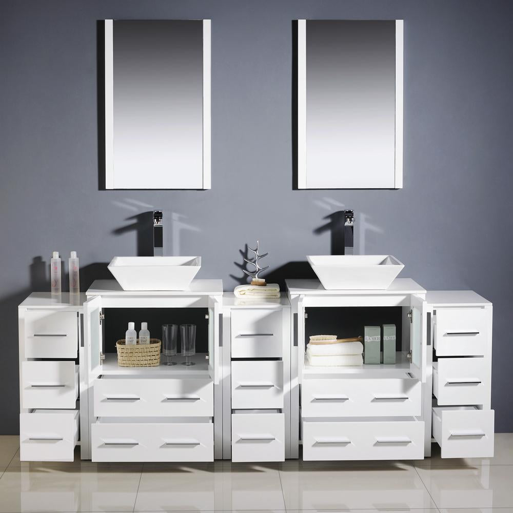 Fresca Torino 84" White Modern Double Sink Bathroom Vanity w/ 3 Side Cabinets & Vessel Sinks