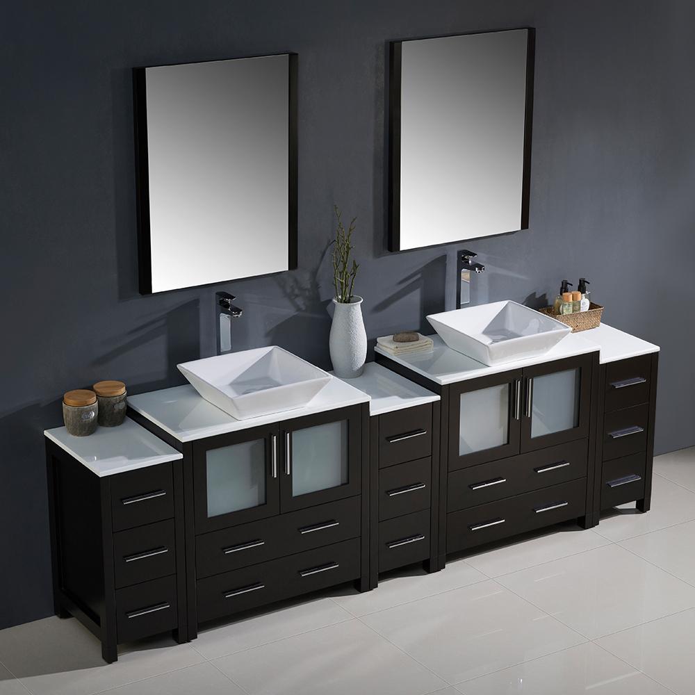 Fresca Torino 96" Espresso Modern Double Sink Bathroom Vanity w/ 3 Side Cabinets & Vessel Sinks
