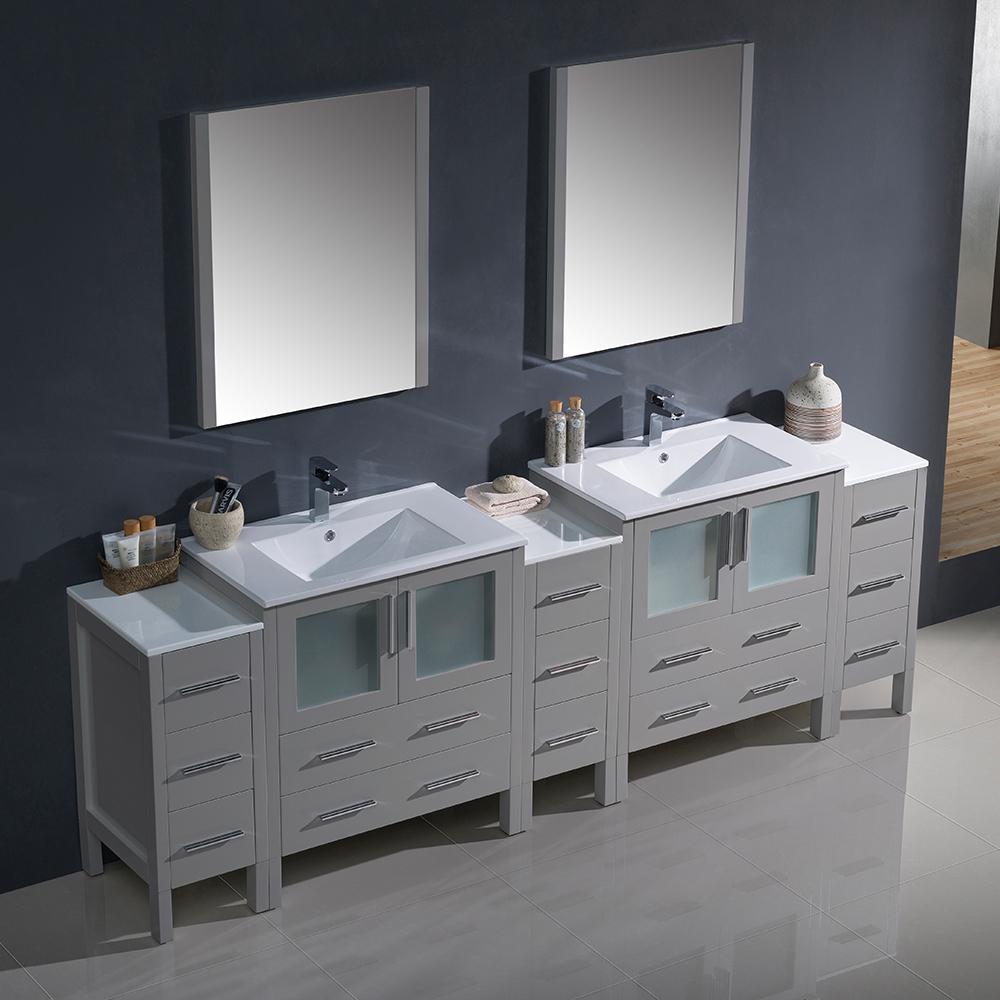 Fresca Torino 96" Gray Modern Double Sink Bathroom Vanity w/ 3 Side Cabinets & Integrated Sinks