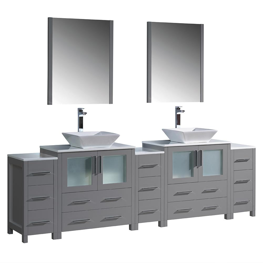 Fresca Torino 96" Gray Modern Double Sink Bathroom Vanity w/ 3 Side Cabinets & Vessel Sinks