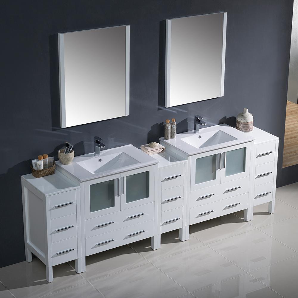 Fresca Torino 96" White Modern Double Sink Bathroom Vanity w/ 3 Side Cabinets & Integrated Sinks