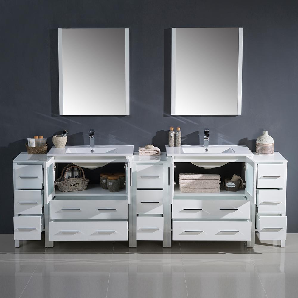 Fresca Torino 96" White Modern Double Sink Bathroom Vanity w/ 3 Side Cabinets & Integrated Sinks