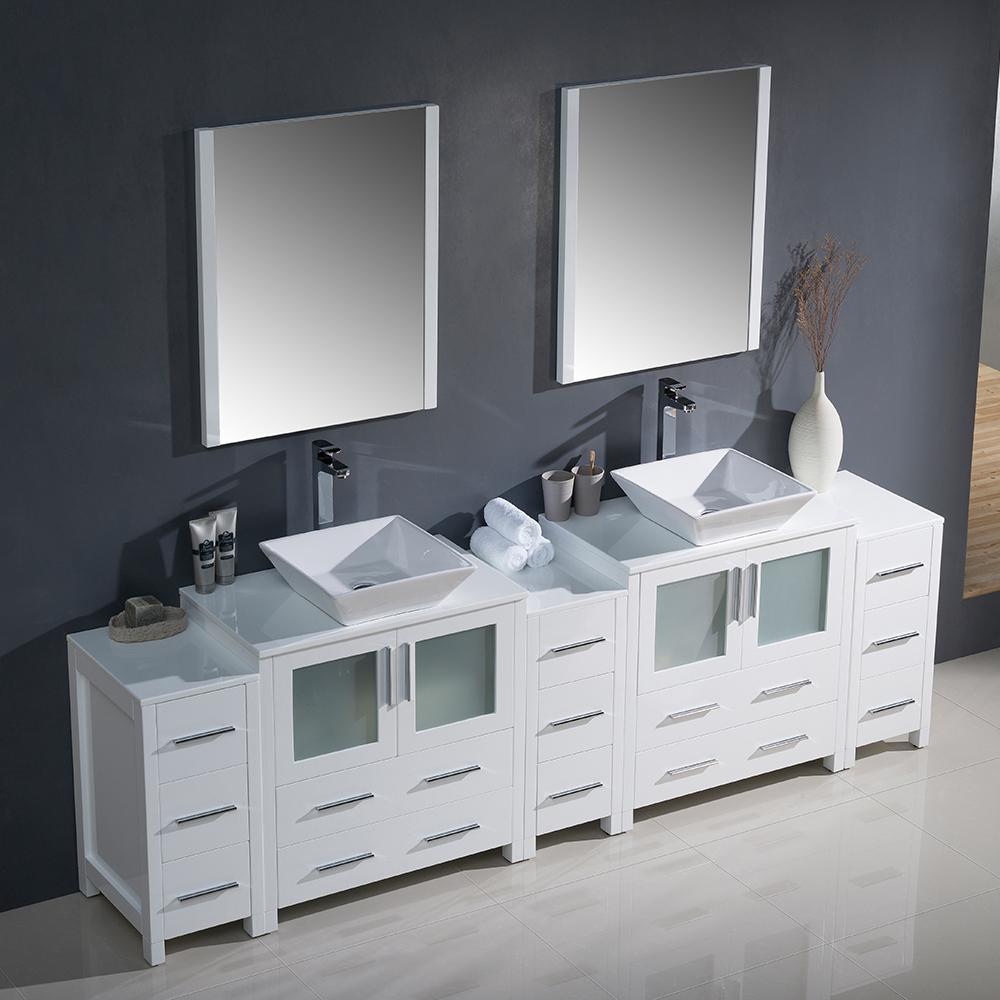 Fresca Torino 96" White Modern Double Sink Bathroom Vanity w/ 3 Side Cabinets & Vessel Sinks