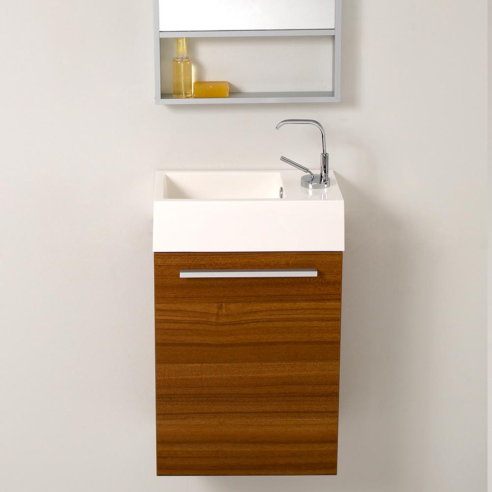 Fresca Pulito 16" Small Teak Modern Bathroom Vanity w/ Tall Mirror