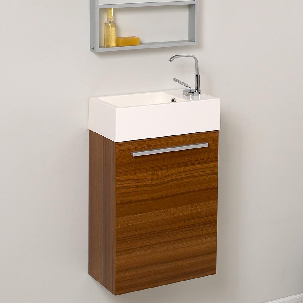Fresca Pulito 16" Small Teak Modern Bathroom Vanity w/ Tall Mirror