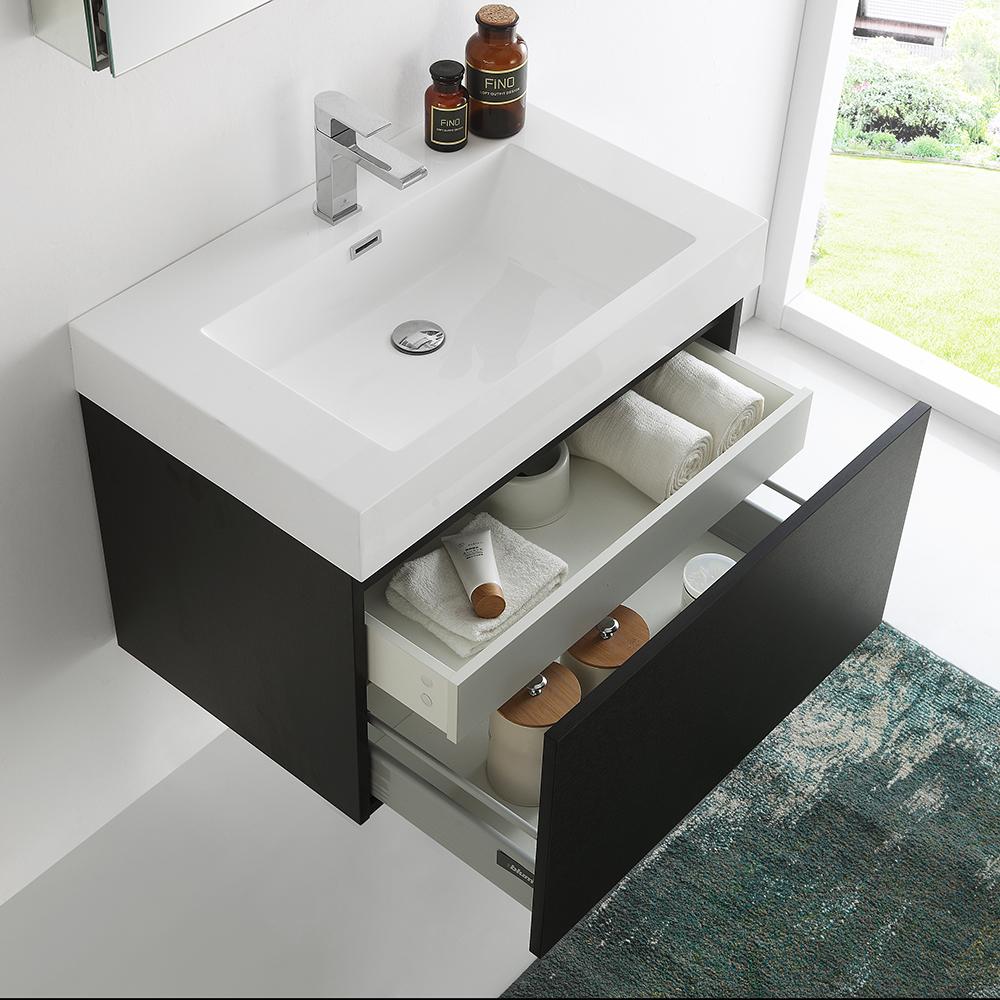 Fresca Mezzo 30" Black Wall Hung Modern Bathroom Vanity w/ Medicine Cabinet