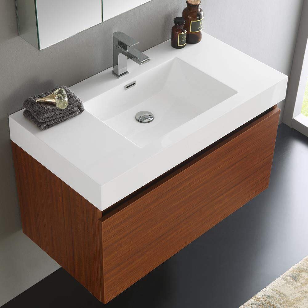 Fresca Mezzo 36" Teak Wall Hung Modern Bathroom Vanity w/ Medicine Cabinet