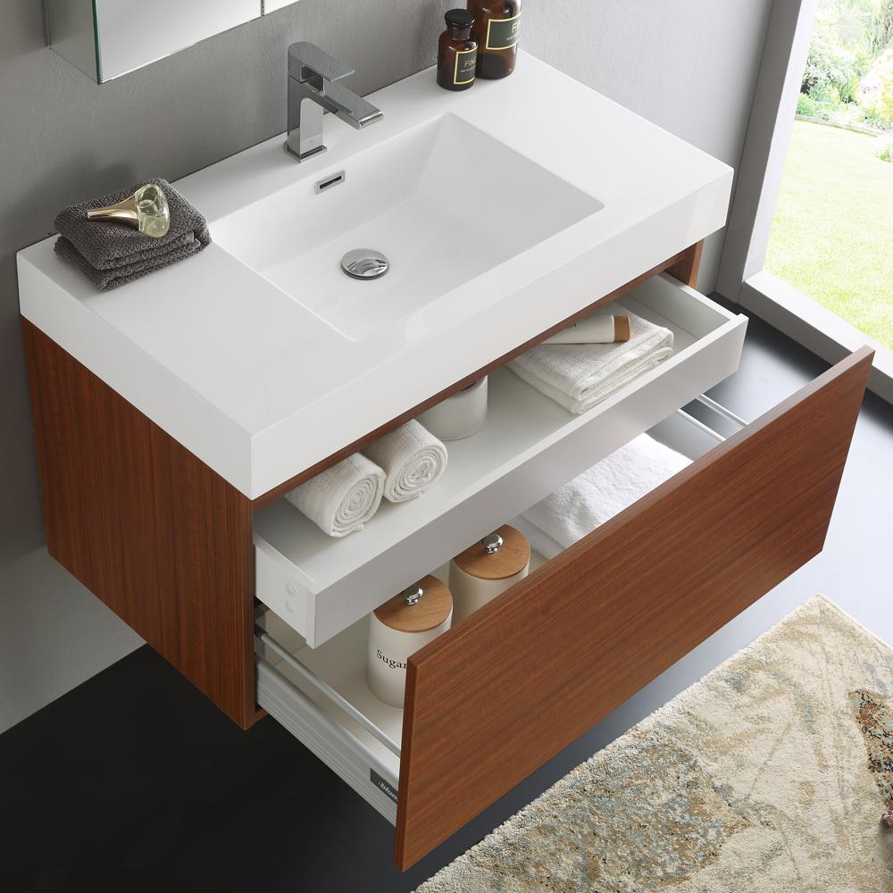 Fresca Mezzo 36" Teak Wall Hung Modern Bathroom Vanity w/ Medicine Cabinet