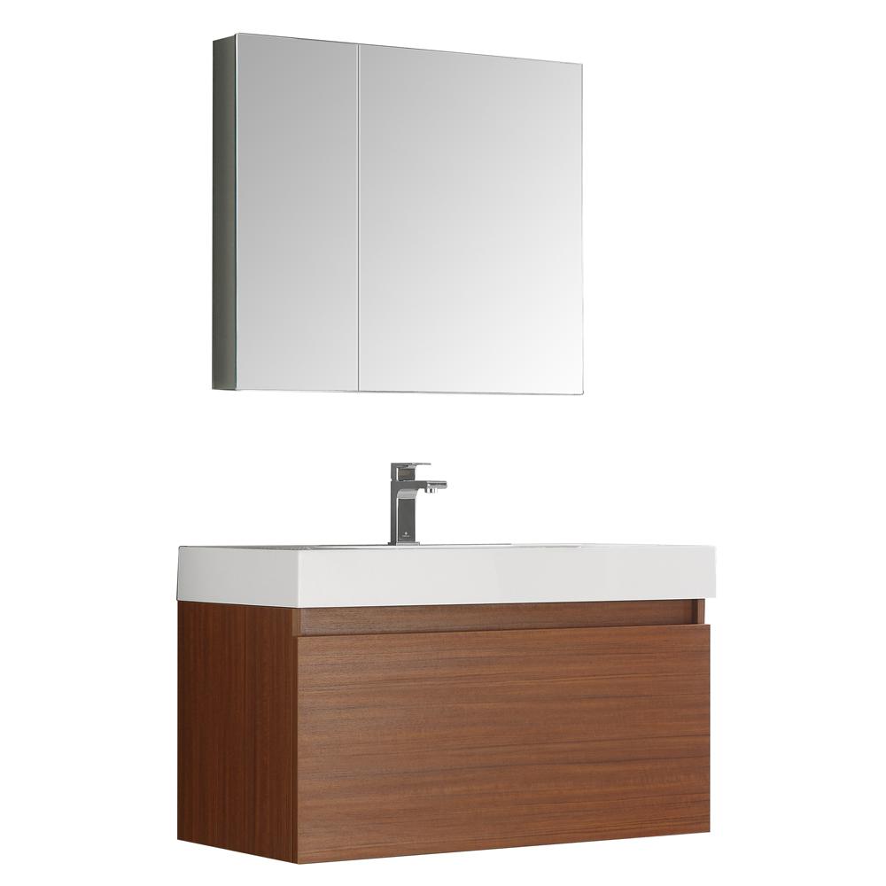 Fresca Mezzo 36" Teak Wall Hung Modern Bathroom Vanity w/ Medicine Cabinet
