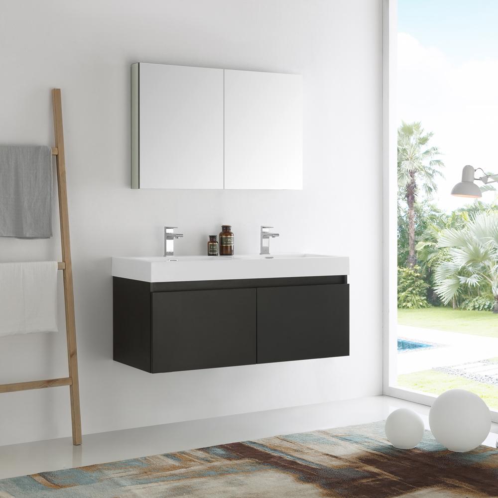 Fresca-Mezzo-48"-Black-Wall-Hung-Double-Sink-Modern-Bathroom-Vanity-w/-Medicine-Cabinet-(FVN8012BW)
