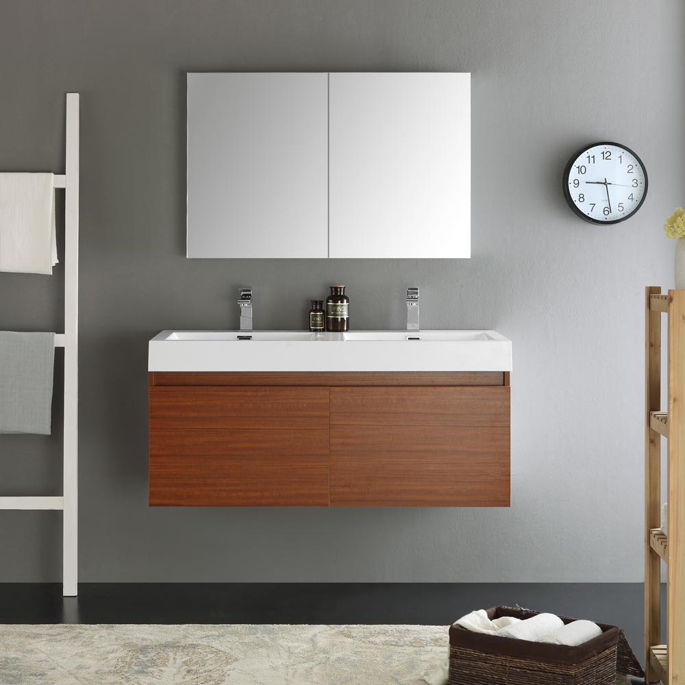 Fresca Mezzo 48" Teak Wall Hung Double Sink Modern Bathroom Vanity w/ Medicine Cabinet