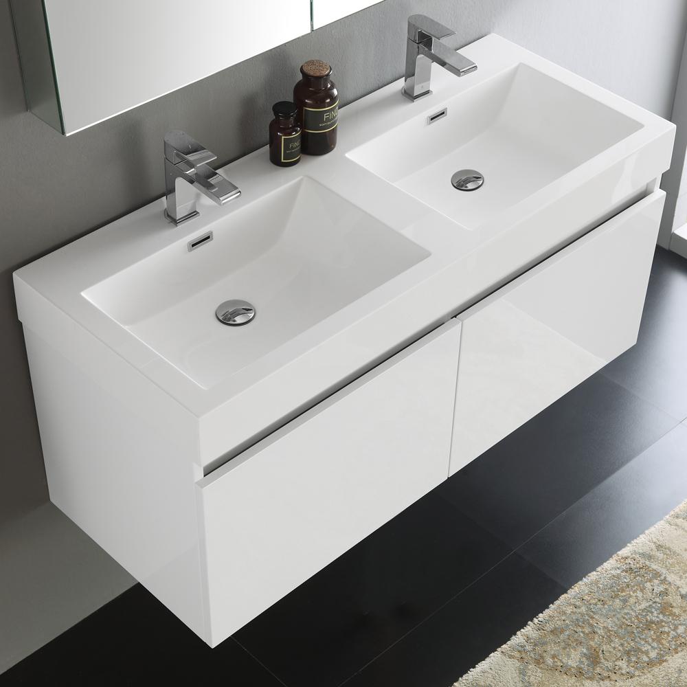 Fresca Mezzo 48" White Wall Hung Double Sink Modern Bathroom Vanity w/ Medicine Cabinet