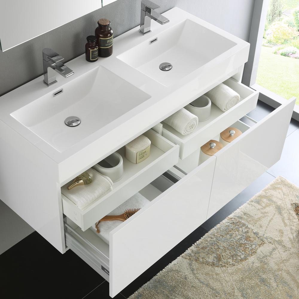 Fresca Mezzo 48" White Wall Hung Double Sink Modern Bathroom Vanity w/ Medicine Cabinet