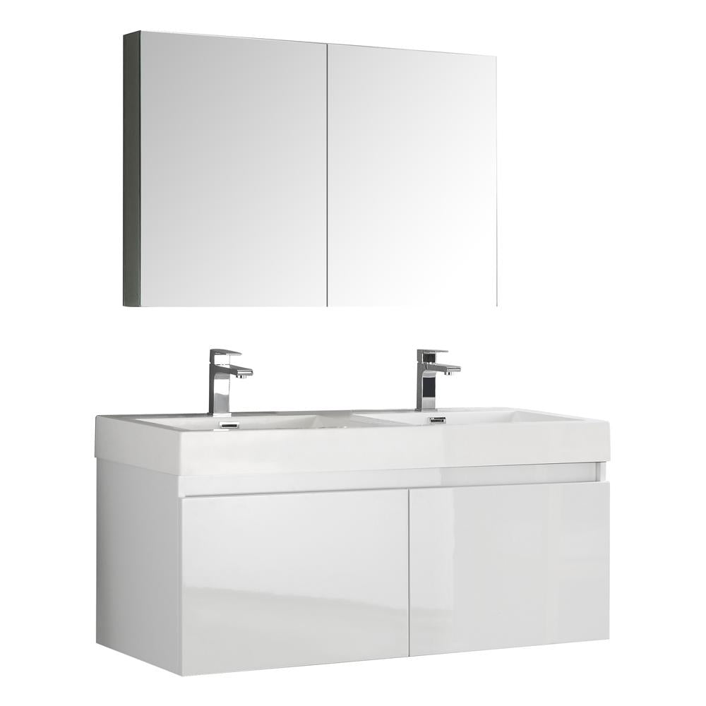 Fresca Mezzo 48" White Wall Hung Double Sink Modern Bathroom Vanity w/ Medicine Cabinet