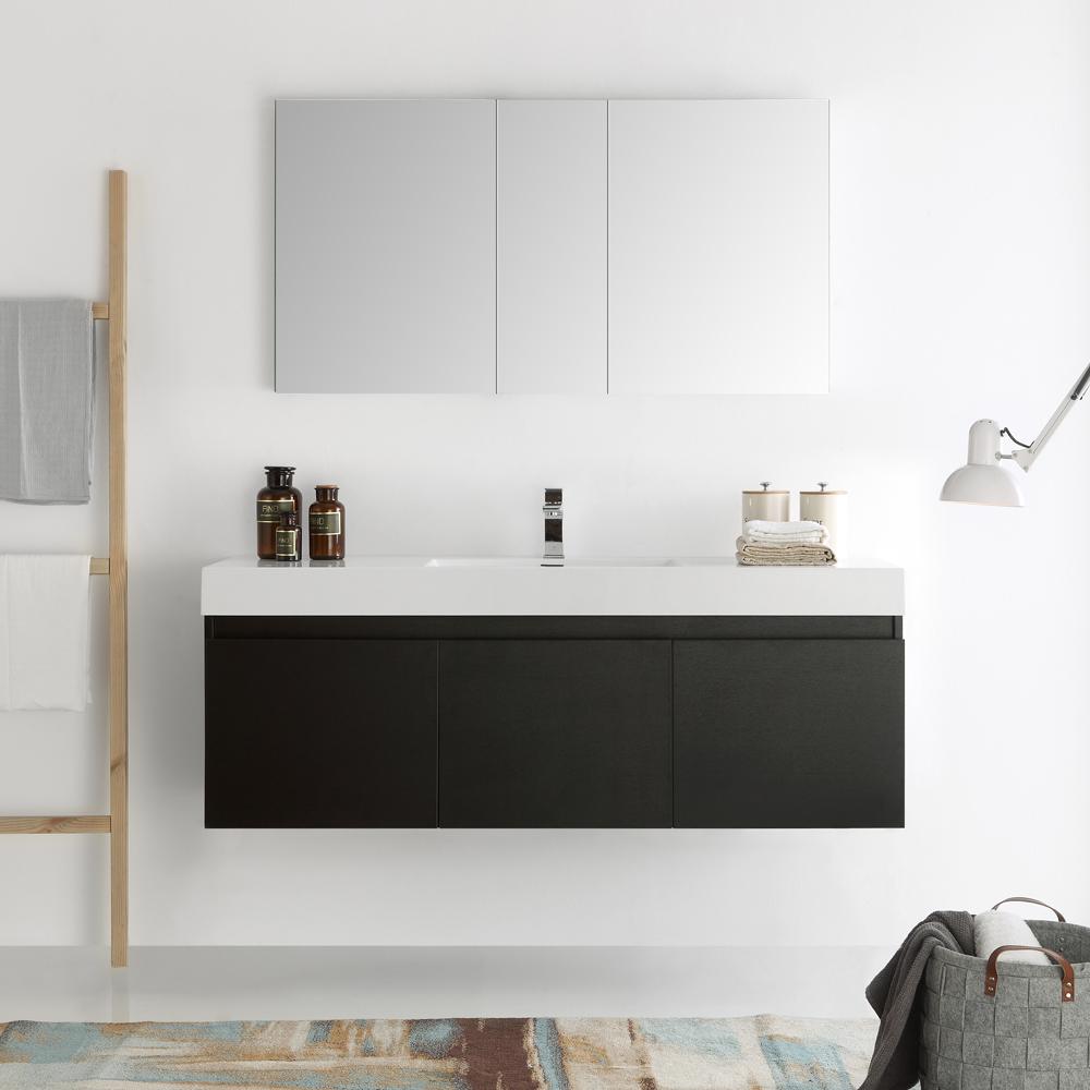 Fresca Mezzo 60" Black Wall Hung Single Sink Modern Bathroom Vanity w/ Medicine Cabinet