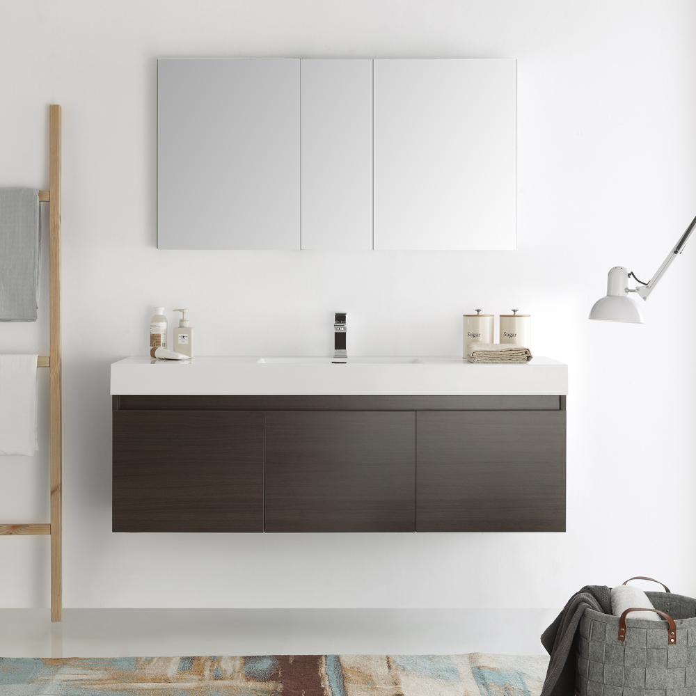 Fresca Mezzo 60" Gray Oak Wall Hung Single Sink Modern Bathroom Vanity w/ Medicine Cabinet