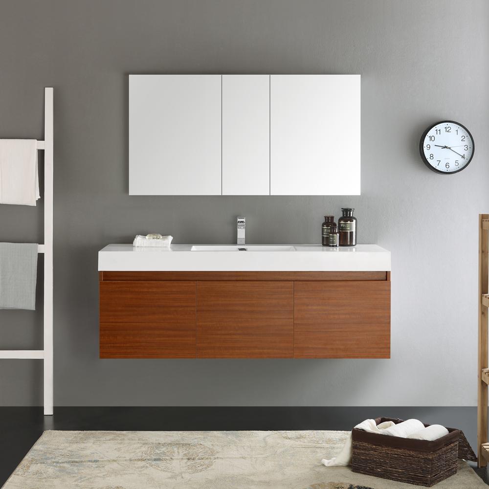 Fresca Mezzo 60" Teak Wall Hung Single Sink Modern Bathroom Vanity w/ Medicine Cabinet