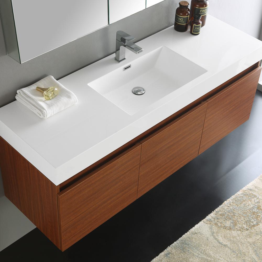 Fresca Mezzo 60" Teak Wall Hung Single Sink Modern Bathroom Vanity w/ Medicine Cabinet
