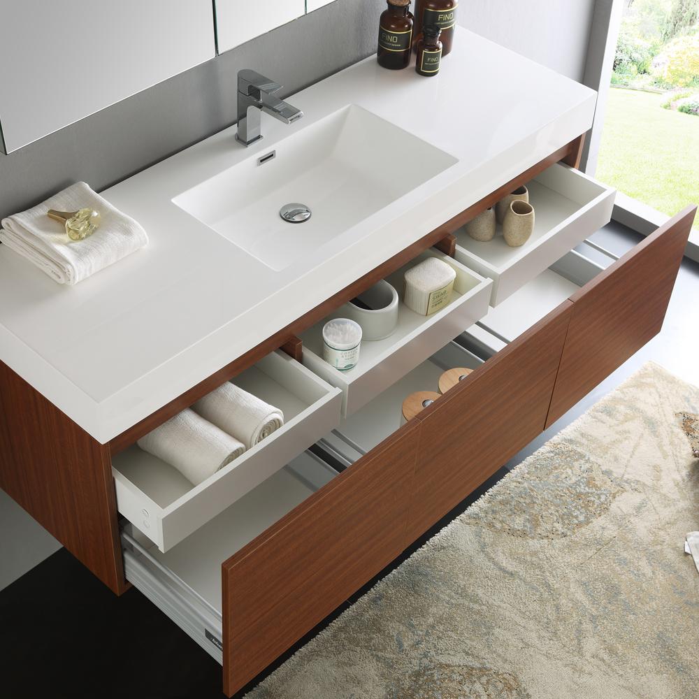 Fresca Mezzo 60" Teak Wall Hung Single Sink Modern Bathroom Vanity w/ Medicine Cabinet