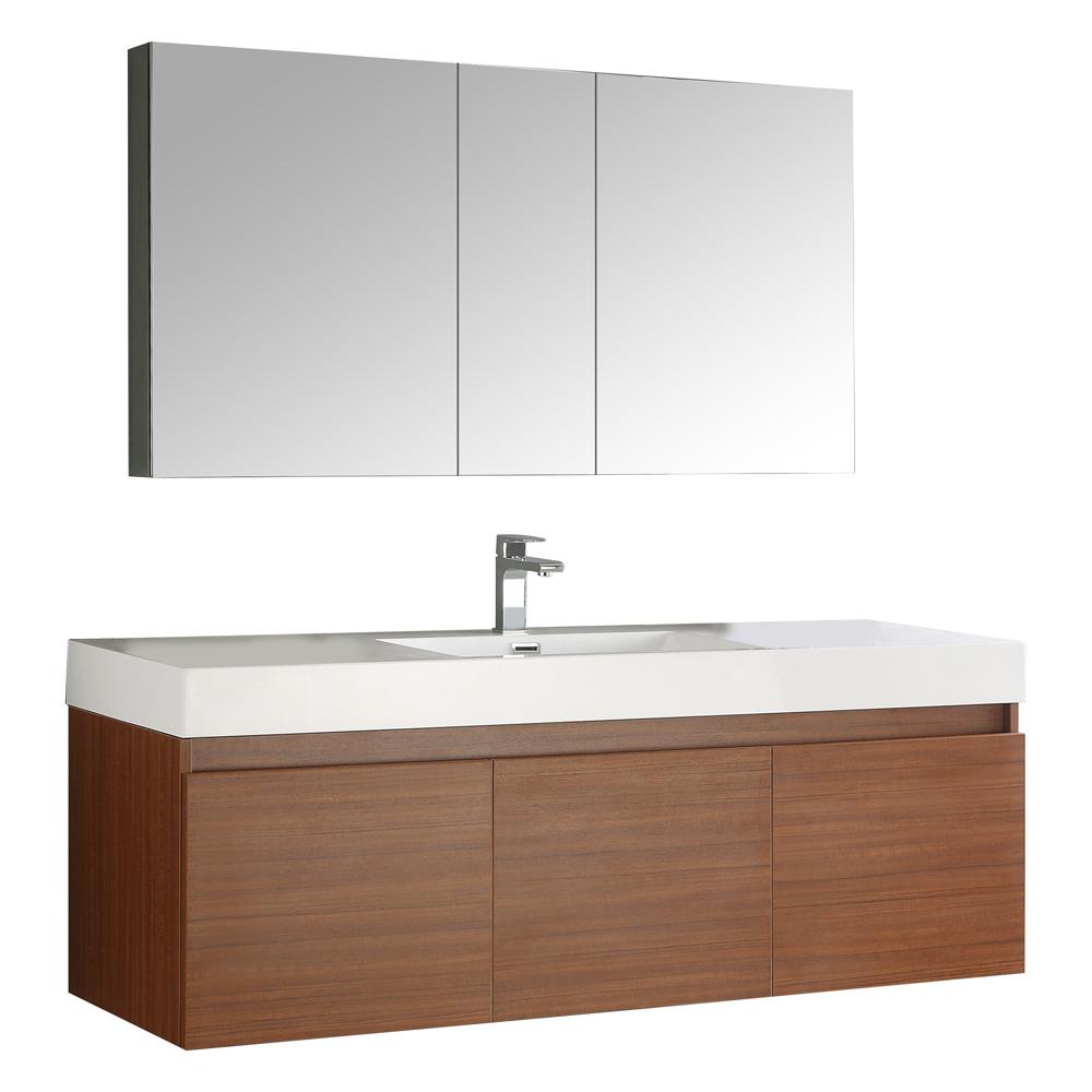 Fresca Mezzo 60" Teak Wall Hung Single Sink Modern Bathroom Vanity w/ Medicine Cabinet