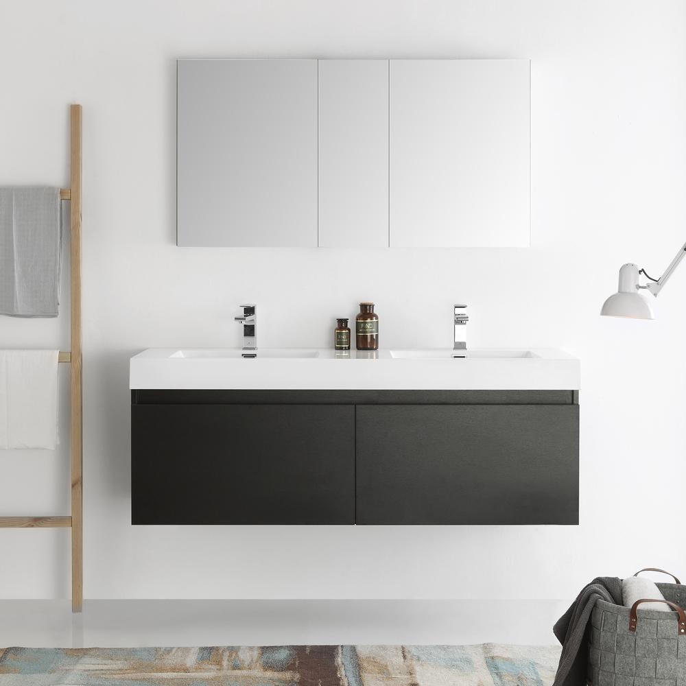 Fresca Mezzo 60" Black Wall Hung Double Sink Modern Bathroom Vanity w/ Medicine Cabinet
