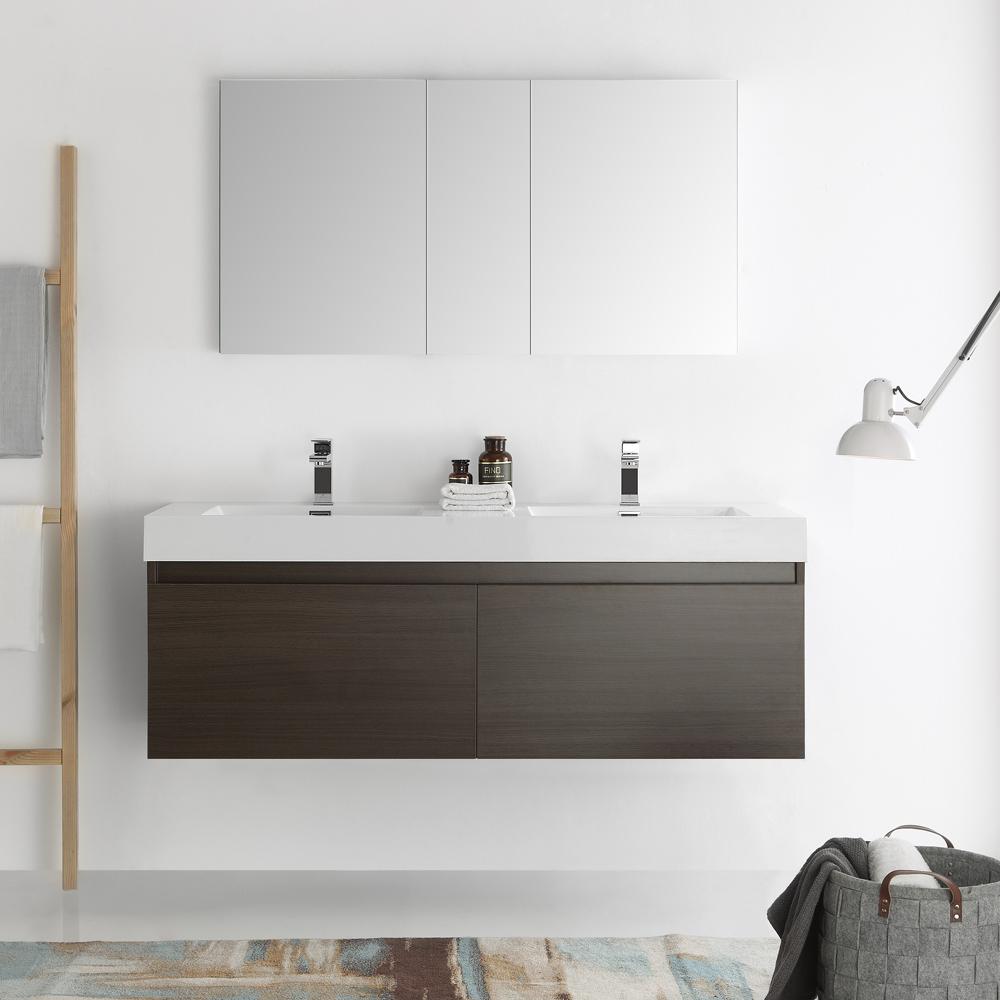 Fresca Mezzo 60" Gray Oak Wall Hung Double Sink Modern Bathroom Vanity w/ Medicine Cabinet