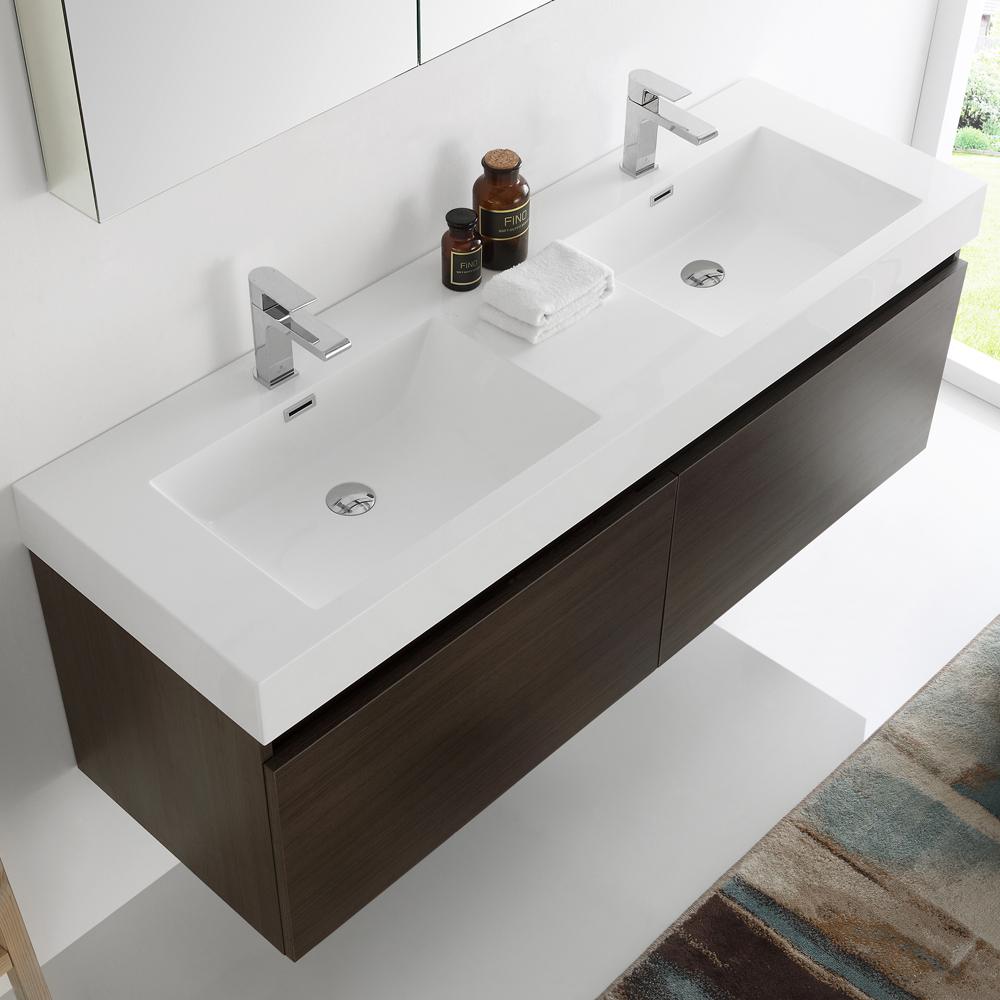 Fresca Mezzo 60" Gray Oak Wall Hung Double Sink Modern Bathroom Vanity w/ Medicine Cabinet