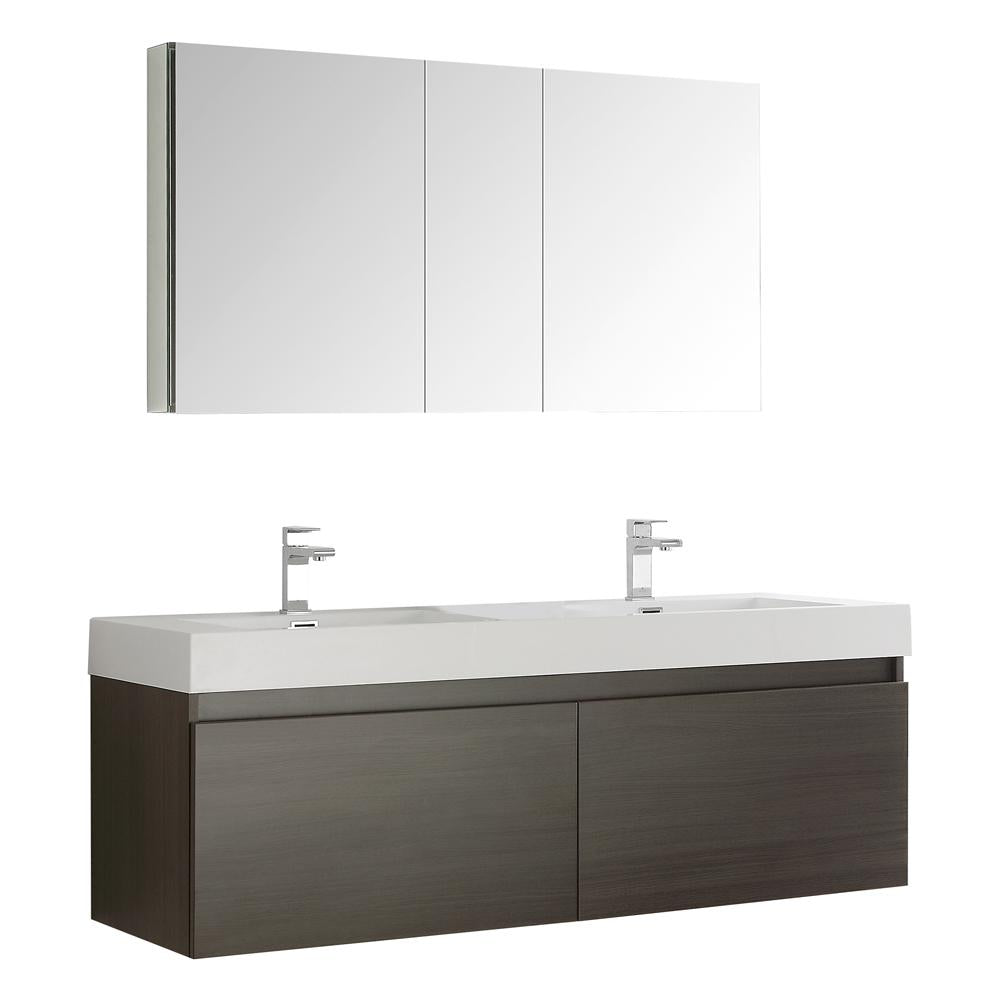 Fresca Mezzo 60" Gray Oak Wall Hung Double Sink Modern Bathroom Vanity w/ Medicine Cabinet
