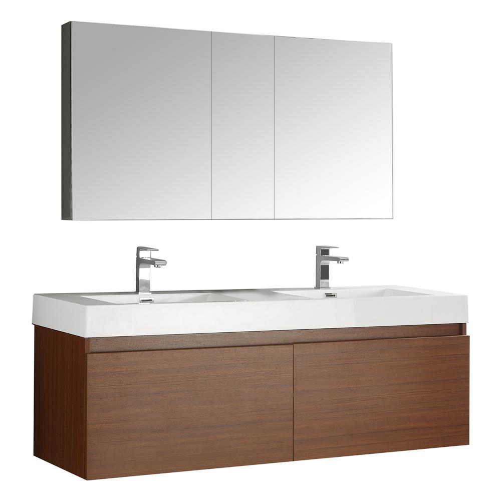 Fresca Mezzo 60" Teak Wall Hung Double Sink Modern Bathroom Vanity w/ Medicine Cabinet