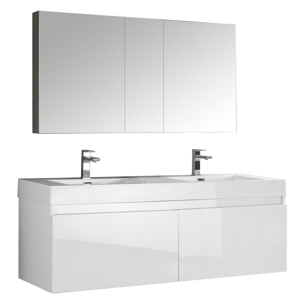 Fresca Mezzo 60" White Wall Hung Double Sink Modern Bathroom Vanity w/ Medicine Cabinet