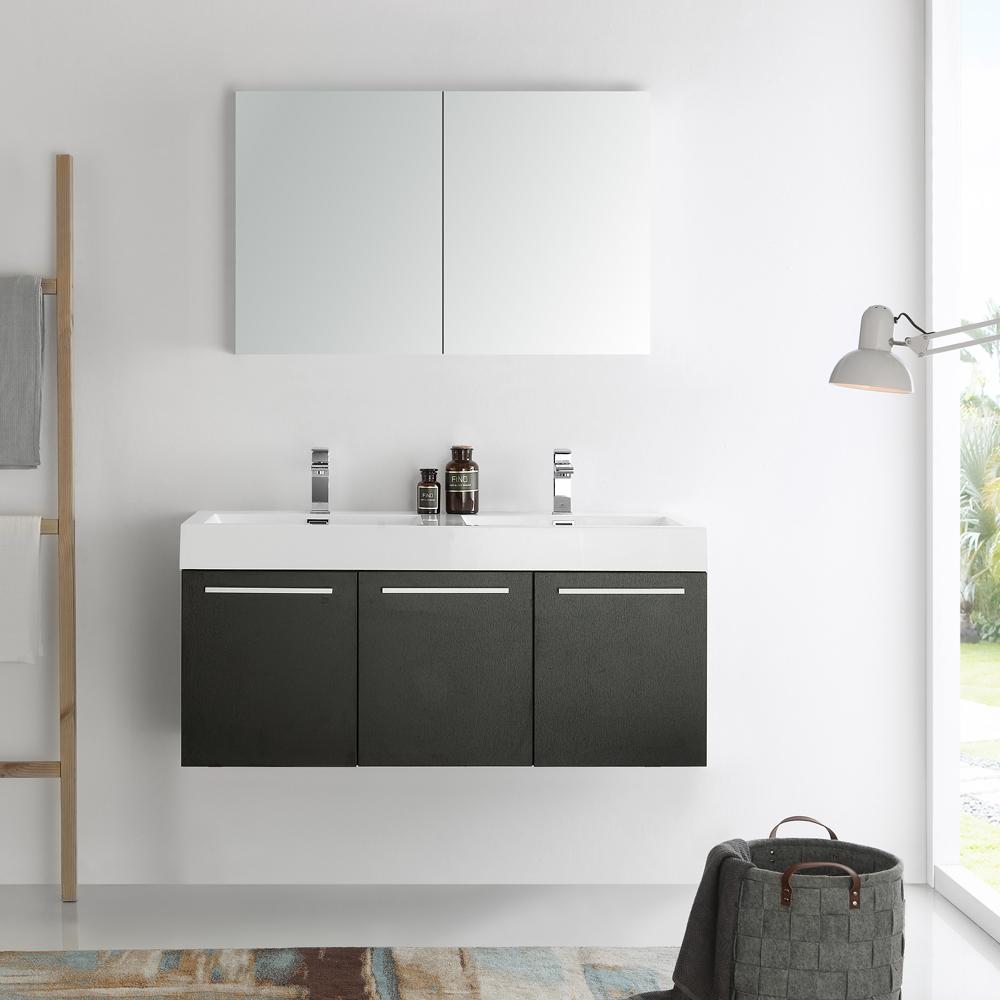 Fresca Vista 48" Black Wall Hung Double Sink Modern Bathroom Vanity w/ Medicine Cabinet
