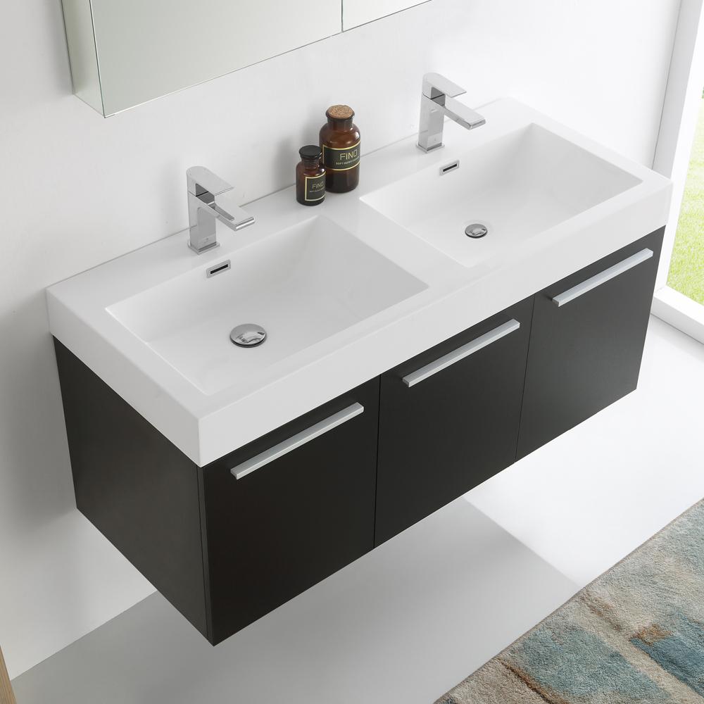 Fresca Vista 48" Black Wall Hung Double Sink Modern Bathroom Vanity w/ Medicine Cabinet