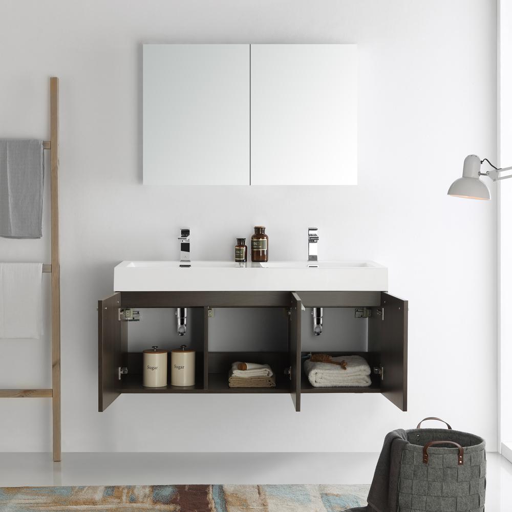 Fresca Vista 48" Gray Oak Wall Hung Double Sink Modern Bathroom Vanity w/ Medicine Cabinet