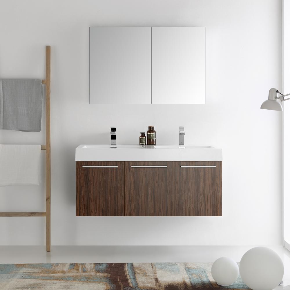 Fresca Vista 48" Walnut Wall Hung Double Sink Modern Bathroom Vanity w/ Medicine Cabinet