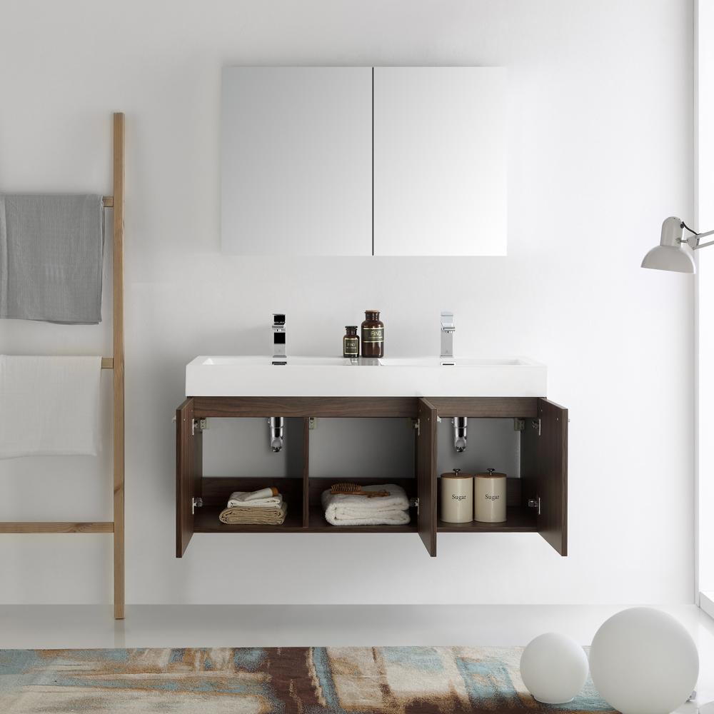Fresca Vista 48" Walnut Wall Hung Double Sink Modern Bathroom Vanity w/ Medicine Cabinet