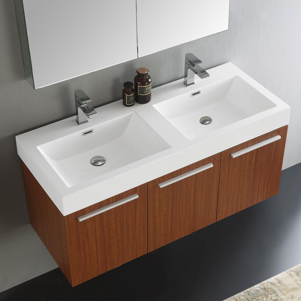 Fresca Vista 48" Teak Wall Hung Double Sink Modern Bathroom Vanity w/ Medicine Cabinet